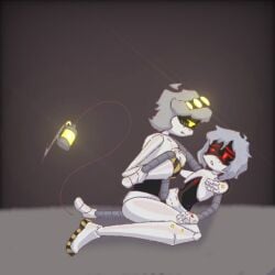 1boy 1girls glitch_productions gray_hair murder_drones oc red_eyes robot robot_girl tail yellow_eyes
