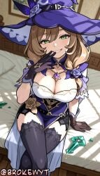 1girl ai_generated bangs bed black_gloves black_thighhighs blush breasts brokewyt brown_hair cleavage crossed_legs cuckold dress flower genshin_impact gloves green_eyes grin hair_between_eyes hat hi_res high_quality high_resolution highres hoyoverse indoors large_breasts lisa_(genshin_impact) long_hair looking_at_viewer multicolored_clothes netorare on_bed purple_headwear rose sitting smile solo thighhighs thighs uncensored vision_(genshin_impact) watermark witch witch_hat