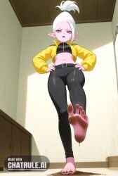 1girl ai_assisted ai_generated anime_screencap arinsu barefeet belt big_feet black_lips black_nails black_pants dark_skin dirty_feet dr._arinsu from_below full_body hands_on_hips long_sleeves long_toes looking_at_viewer navel pink_skin pointy_ears presenting_foot red_eyeliner sole_focus solo standing standing_on_one_leg stinky_feet sweaty_feet twintails white_hair yellow_jacket