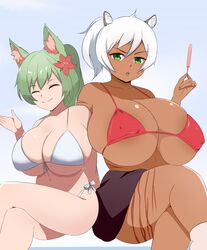 2girls bursting_breasts cuteakita dark-skinned_female huge_breasts large_breasts monster_girl multiple_girls nipple_bulge