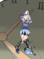 1girls arms_up blush bondage boots clock gag gagged gym_leader hair_ornament pants_pull pokemon pokemon_bw2 roxie_(pokemon) shorts skirt spiky_hair suspension tape_gag