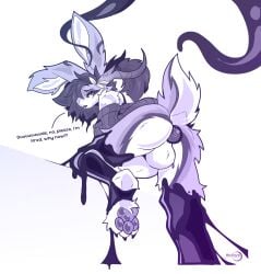 anal anal_egg_laying anthro antlers balls clothing egg egg_laying genitals gynomorph hi_res horn intersex jackalope lagomorph latex latex_clothing liquid_latex mammal minze minze_aghevin simple_background slime tentacle tired tired_eyes white_background