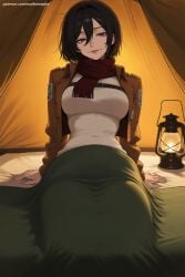 1girl ai_generated arm_support artist_name attack_on_titan black_hair breasts brown_eyes brown_jacket curtains hair_between_eyes hi_res high_quality high_resolution indoors jacket lantern large_breasts lips long_sleeves looking_at_viewer mikasa_ackerman open_clothes open_jacket parted_lips patreon patreon_username scarf seductive sexy shirt short_hair sitting skirt smile solo uncensored watermark