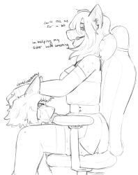 absurd_res anthro bodily_fluids breasts clothed clothing demedemedemead dialogue digital_media_(artwork) duo electronics english_text erection fellatio female fur gaming_chair genitals greyscale gynomorph gynomorph/female hair headgear headphones headset hi_res incest_(lore) intersex intersex/female mammal monochrome open_mouth oral oral_penetration penetration penile penis sex sibling_(lore) simple_background sister_(lore) sisters_(lore) sweat sweaty_body text