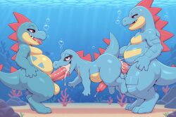 3_toes 4_fingers absurd_res ai_generated anal anal_penetration animal_genitalia anthro anthro_on_anthro anthro_penetrated anthro_penetrating anthro_penetrating_anthro balls big_balls big_penis big_tail biped blue_body bodily_fluids bubble butt claws croconaw cum cum_in_ass cum_in_mouth cum_inside cum_on_body cum_on_butt cum_on_penis feet fellatio feraligatr fingers floating generation_2_pokemon genital_fluids genitals group half-closed_eyes hand_on_hip hi_res holding_tail huge_balls huge_penis long_tail looking_at_another looking_at_partner male male/male male_penetrated male_penetrating male_penetrating_male narrowed_eyes nintendo open_mouth open_smile oral penetration penile penile_penetration penis penis_in_ass penis_in_mouth pokemon pokemon_(species) red_eyes red_spikes scalie sex sharp_teeth sheath size_difference smaller_penetrated smile smiling_at_another smiling_at_partner spikes spikes_(anatomy) tail teeth toes tongue tongue_out tongue_out_fellatio totodile trio underwater underwater_sex vein veiny_penis water yellow_body yiff_ai_(director)