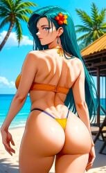 1girls ai_generated anime anime_girl ass_focus babe beach beach_resort beautiful big_ass blue_eyes busty crystal_earrings dark_green_hair earrings fantasy female_only hot jewelry kiyone_makibi looking_back_at_viewer lovely nice_ass ocean palm_tree posing sand sea seductive seductive_eyes sexy solo_focus stable_diffusion summer tenchi_muyo! toongenai vacation voluptuous_female wood yellow_bikini