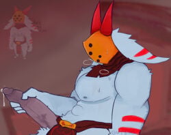 2024 abs anthro artist_name atlyss big_muscles big_pecs big_penis bodily_fluids bottomwear bottomwear_aside clothing clothing_aside detailed_background dripping english_text enok_(atlyss) fur genital_fluids genitals gutbug horn huge_penis humanoid_genitalia humanoid_penis loincloth loincloth_aside long_penis male mask masturbation motion_lines muscular muscular_anthro muscular_male nipples oathkin_(atlyss) pecs penile penile_masturbation penis precum precum_drip red_horn scarf solo sweaty_pecs text vein veiny_penis wearing_mask