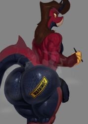 anthro aquatic athletic athletic_male back_muscles biceps big_butt black_body brown_hair butt claws fan_character fish flaccid genitals hair hi_res holding_object holding_pen horn male muscular muscular_thighs pecs pen penis rear_view red_body shark solo spikes spikes_(anatomy) steam steaming_body tail tenacitrus thick_thighs warning_sign white_body yellow_claws yellow_eyes
