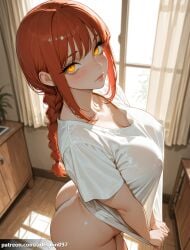 1girl ai_generated arched_back arlequin097 artist_name ass blush bottomless braid braided_ponytail breasts chainsaw_man cleavage closed_mouth clothes_pull collarbone covered_nipples curtains day from_above from_side huge_ass indoors large_breasts lips long_hair looking_at_viewer makima_(chainsaw_man) naked_shirt no_panties patreon_logo patreon_username red_hair ringed_eyes see-through see-through_shirt see-through_silhouette shirt shirt_pull shirt_tug short_sleeves sidelocks solo sunlight thighs web_address white_shirt window wooden_floor yellow_eyes
