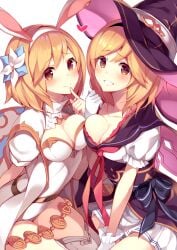 blonde blonde-haired_female blonde_female blonde_hair breast_press breasts breasts_out brown_eyes djeeta_(granblue_fantasy) dual_persona female finger_to_mouth granblue_fantasy grey_thighhighs leotard rabbit_ears rabbit_tail sideboob thighhighs white_leotard witch_hat