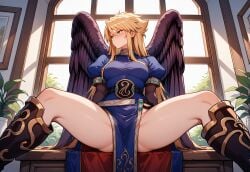 1girls ai_generated angry black_wings blonde_hair blue_dress blush breath_of_fire breath_of_fire_ii capcom green_eyes nina_(breath_of_fire_ii)