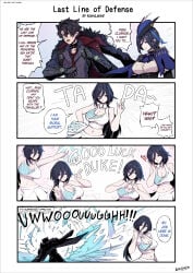 1boy 1girls big_breasts busty cheering cheerleader cheerleader_outfit cheerleader_uniform cleavage clorinde_(genshin_impact) comic dialogue english_text female genshin_impact heart long_hair male moral_support peace_sign posing teamwork wriothesley_(genshin_impact)