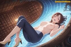 1girl ai_generated blue_pants blush book bookshelf breasts brown_eyes brown_hair collarbone dutch_angle full_body hair_spread_out hand_up high_heels ieiri_shoko indoors jeans jujutsu_kaisen knees_up large_breasts legs_up library long_hair looking_at_viewer lying medium_breasts navel nipples nivora on_back open_mouth panties panties_around_one_leg pants ripples shoes shoko_ieiri solo stomach teeth topless underwear upper_teeth_only water wet white_panties yellow_footwear