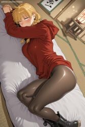 1girl ai_generated bangs black_footwear black_legwear blonde_hair blush boots braid breasts gabby_(yomi_no_tsugai) hi_res high_quality high_resolution hood hood_down long_hair long_sleeves looking_at_viewer lying on_side pantyhose patreon pillow red_eyes savvyraexo seductive sexy sign solo uncensored watermark yomi_no_tsugai