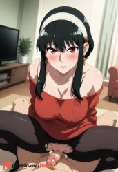 1boy 1girl ai_generated artist_name bare_shoulders black_hair black_pantyhose blush breasts censored cleavage clothed_female_nude_male collarbone cowgirl_position curtains dildo earrings girl_on_top gold_earrings hairband hetero hexogen imminent_penetration indoors jewelry large_breasts looking_at_viewer no_panties off-shoulder_sweater off_shoulder pantyhose parted_lips patreon_logo patreon_username penis plant pov pussy red_eyes red_sweater sex_toy short_hair_with_long_locks sidelocks solo_focus spread_legs spy_x_family straddling sweater television torn_clothes torn_pantyhose uncensored white_hairband yor_briar