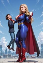 abs ai_generated bodysuit cape femdom genderswap giantess homelander_(cosplay) large_breasts larger_female maestro22 rooftop size_difference the_boys throat_grab