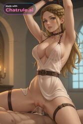 1girl ai_assisted ai_generated belt big_butt blonde_hair blue_eyes blurry_background bouncing_tits braided_hair choker cleavage close_up cowgirl_position creampie depth_of_field dress fit_body fit_female hands_above_head hourglass_figure looking_at_viewer mature_female narrow_waist nude palace perky_breasts round_breasts sex side_view sidelocks solo star_wars thigh_straps tiara volumetric_lighting voluptuous waist_up wide_hips