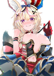 1girls alternate_breast_size blonde_hair blush fox_ears fox_girl fox_tail heart-shaped_pupils hololive hololive_gen_5 hololive_japan huge_breasts looking_at_viewer memeno_kei navel navel_cutout omaru_polka purple_eyes removing_clothing solo solo_female undressing virtual_youtuber