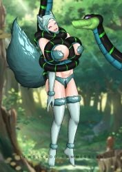 1boy 1girl 1girls 2024 aqua_hair arm_fur big_breasts blue_fur coiling commission crotch_fur detailed_background eureka eureka_seven eye_contact female feral forest forest_background fur furry_tail hairclip hi_res hypnotic_eyes hypnotized kaa_eyes leg_fur lewdlygod lifted light_skin male open_mouth snake tail wolf_ears wolf_girl wolf_tail xerxes_(rctdelta20)