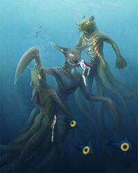 1girls 2boys 4_eyes anthro bioluminescence claws cum cum_in_mouth cum_inside multi_eye sea_dragon_leviathan sea_emperor_leviathan smiling sp_sub subnautica tagme tentacle underwater webbed_hands