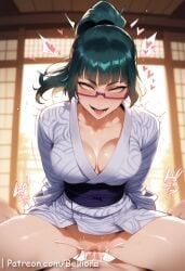 1boy 1girls ai_generated ass ass_grab big_ass big_breasts blush breast_grab breasts clothes clothing cum cum_in_pussy cum_inside cute cute_face duo female female_focus female_on_top green_hair jujutsu_kaisen large_ass large_breasts light-skinned_female light_skin long_hair looking_at_viewer maki_zenin male nipples open_mouth penis penis_in_pussy pink_nipples pussy red_eyes sexy sexy_body sexy_female younger_female zenin_maki