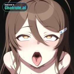 1girl ahegao_face ai_assisted ai_generated anime_coloring antenna_hair brown_eyes brown_hair detailed_background detailed_face female female_only hair_between_eyes hair_ornament hairclip high_angle huge_eyes long_hair naked petite_breasts rei small_breasts visible_breasts visible_nipples yellow_eyes