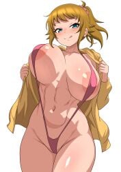 blush closed_mouth curvy exhibitionism gundam gundam_build_fighters hoshino_fumina licking_lips narrow_waist naughty_face onakaitaiyo pink_swimsuit slingshot_swimsuit smile thick_thighs trenchcoat unaligned_breasts voluptuous wide_hips