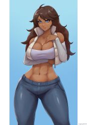 abs absurd_res big_breasts blue_eyes brown_hair jacket jacket_open jeans long_hair tanned tanned_female tanned_skin thick_thighs zugzugmine