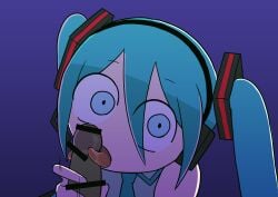 1boy 1girl 1girl1boy 1girls 2026 blue_eyes blue_hair blue_tie bodily_fluids censor_bar censored censored_penis dark-skinned_male dark_skin female female_focus fukami_asase gradient_background hatsune_miku headphones holding holding_penis licking licking_penis light-skinned_female light_skin mv_character simple_background split_dance split_tongue tongue tongue_out twintails unseen_male vocaloid