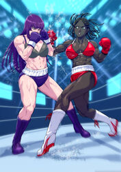 2girls abs boxing boxing_gloves boxing_ring bra catfight character_request cirenk dark-skinned_female dark_skin female fight fit fit_female gloves light-skinned_female light_skin multiple_girls purple_boxing_gloves purple_gloves red_boxing_gloves red_gloves thick thick_hips thick_thighs toned toned_female wide_hips