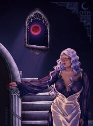 1girls 2020s 2026 2d 2d_(artwork) a_song_of_ice_and_fire big_breasts blood_moon breasts breasts_visible_through_clothing calm castle dark detailed_background dress female indoors long_hair moon night night_sky painted_face painted_nails painted_toenails purple_dress purple_eyes serene sharp_fingernails silver_hair solo staircase stairs tagme thoughtful_expression valyrian vezetera walking wavy_hair white_hair wide_hips