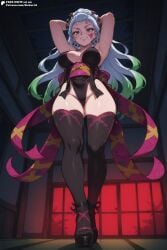 ai_generated arms_up daki_(kimetsu_no_yaiba) demon_slayer facial_markings female female_only from_below gradient_hair green_eyes kimetsu_no_yaiba medium_breasts seductive_smile solo solo_female standing stoker_ai white_hair white_skin