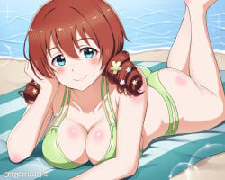 1girls absurd_res artist_name big_breasts bikini blue_eyes blush braid braided_twintails breasts brown_hair cleavage closed_mouth collarbone emma_verde feet_out_of_frame flower green_bikini hair_between_eyes hair_flower hair_ornament hi_res long_hair looking_at_viewer love_live! love_live!_nijigasaki_high_school_idol_club lying on_stomach smile solo swimsuit twintails