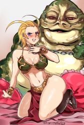 1girls artist_request belly_dancer belly_dancer_outfit blonde_hair blue_eyes blush boots bracelet chain_leash chained cleavage disney embarrassed harem_girl harem_outfit humiliated hutt jabba_the_hutt kingdom_hearts kingdom_hearts_ii kneeling large_breasts larxene loincloth slave slave_bikini slave_collar slave_girl slave_leia_(cosplay) slave_outfit star_wars thick_thighs