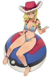 1girls belly belly_button bikini blonde_female blonde_hair blue_eyes curvy curvy_figure farmer farmgirl female female_focus female_only hat kitt_(pokemon) looking_at_viewer oninuer pokeball pokemon pokemon_champions rucola_(pokemon) sitting slim_waist stomach tagme tattoo thick_thighs thighs twintails v_sign voluptuous voluptuous_female