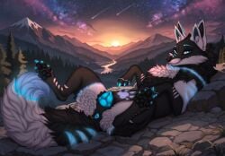 2026 4_ears a.o.kigahara_(artist) animal_genitalia animal_vulva anus arm_markings artist_collaboration artist_name belly belly_markings black_body black_fur black_pawpads black_perineum black_tuft blue_anus blue_body blue_claws blue_eyelashes blue_eyes blue_fur blue_vulva butt canid canine canine_genitalia canine_vulva canis claws cliff detailed detailed_background digital_drawing_(artwork) digital_media_(artwork) digitigrade dipstick_tail eyelashes facial_markings female feral fluffy fluffy_tail footprint forest fur fur_markings genitals glowing glowing_body glowing_claws glowing_ears glowing_eyelashes glowing_fur glowing_markings glowing_tattoo grass head_markings hi_res hybrid leg_markings looking_at_viewer looking_forward lying lying_on_ground mammal markings mountain mountain_range multi_ear multicolored_body multicolored_fur neck_tuft on_back on_ground outside pawpads pawprint pawprint_(marking) pawprint_tattoo perineum plant pointy_ears presenting presenting_anus presenting_crotch presenting_hindquarters presenting_vulva prick_ears pubic_tattoo pupils quadruped ring_(marking) river rock shaded shooting_star signature sky smile smiling_at_viewer solo spread_legs spreading star starry_sky sun sunset tail tail_anus tail_aside tail_markings taka_(artist) tattoo text tree tuft vulva whiskers white_body white_fur white_markings white_tuft wolf