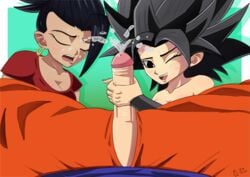 1boy 2girls bigduck caulifla cumming dragon_ball dragon_ball_super female female_saiyan handjob kale male multiple_girls penis saiyan son_goku universe_6/universe_7 universe_6_saiyan/universe_7_saiyan