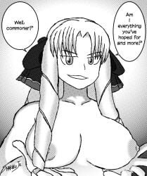 1girls blonde_hair breasts breasts_out fate/hollow_ataraxia fate/stay_night fate_(series) looking_at_viewer luviagelita_edelfelt monochrome nipples smile solo talking talking_to_viewer