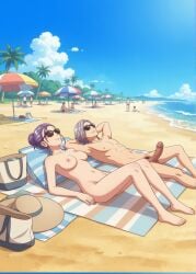 1boy 1boy1girl 1girls ai_generated azami_(etra-chan_saw!) bag beach beach_towel blush breasts casual casual_nudity completely_naked completely_naked_female completely_naked_male completely_nude completely_nude_female completely_nude_male couple cute etra-chan_saw! female fit fit_female fit_male grey_hair hair_bun hairbun happy hat hiiragi_(etra-chan_saw!) hourglass_figure hourglass_figured_female male male/female medium_breasts naked naked_female naked_male nipples nude nude_edit nude_female nude_filter nude_male part_of_a_set penis perfect_body pubic_hair purple_hair pussy resting sand sunglasses sunhat testicles vagina water wholesome wholesome_nudity youtube