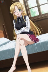 1boy absurdres adult ai_assisted ai_generated asia_argento barefoot big_breasts breasts crossed_legs female heeven high_school_dxd highres male mature one_eye_closed patreon patreon_username perfect_body school_uniform schoolgirl sitting_on_bed skirt uncensored