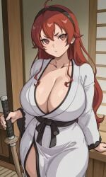 1girls ai_generated belt big_boobs big_breasts black_belt curvy curvy_body curvy_female curvy_figure eris_greyrat huge_breasts kimono kyoru189 large_breasts light-skinned_female light_skin looking_at_viewer mature_female mushoku_tensei red_eyes red_hair shiny shiny_skin solo solo_female