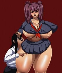 1boy 1girl 1girls areola_slip black_eyes black_hair blush borrowed_character breasts bursting_breasts cleavage clothing command_grab curvy dark_skin ear_piercing female grabbing_another's_hair gyaru hair_ornament hand_on_own_hip height_difference huge_breasts jewelry kogal landlord's_son_(nuclearwasabi) large_breasts long_hair microskirt miniskirt navel open_mouth piercing pleated_skirt plump poking purple_hair red_background school_uniform serafuku shirt shortstack simple_background skirt thick_thighs thighs twintails underboob undersized_clothes uniform wide_hips