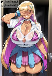 1girl ai_generated alternate_breast_size animal_print bikini bikini_under_clothes black_thighhighs blonde_hair blue_cardigan blue_scrunchie blue_sweater blush boryeon_(last_origin) bra bra_visible_through_clothes bracelet breasts bursting_breasts button_gap cardigan cardigan_around_waist choker cleavage clothes_around_waist clothing collarbone collared_shirt colored_inner_hair covering_face covering_one_eye covering_own_eyes cowboy_shot curvy dark-skinned_female dark_skin door doorway ear_piercing earrings female grin gyaru hair_ornament hairclip huge_breasts jennieart02 jewelry kogal large_breasts last_origin legwear leopard_print long_hair looking_at_viewer miniskirt mole_on_breast multicolored_hair multiple_bracelets nail_polish necklace open_door patreon patreon_logo patreon_username piercing pink_bikini pink_hair pink_nails pink_skirt plaid plaid_skirt pleated_skirt pov_doorway print_bikini purple_eyes purple_hair purple_scrunchie school_uniform scrunchie see-through see-through_shirt shirt short_sleeves side-tie_bikini_bottom side-tie_peek skindentation skirt smile solo standing steaming_body sweat sweater sweater_around_waist swimsuit tan taut_shirt teeth thick_thighs thighhighs thighs triangle_hair_ornament twitter twitter_username two-tone_hair underwear very_long_hair watermark wet wet_shirt white_choker white_shirt wide_hips wrist_scrunchie zettai_ryouiki