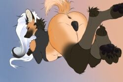 3:2 animal_genitalia animal_vulva anthro anus ass_up bottomless breasts butt canid canine canine_genitalia canine_vulva clothed clothing female fluffy_paws footwear fur genitals gradient_background inner_ear_fluff logan_marzu looking_at_viewer looking_back looking_back_at_viewer lying mammal maned_wolf multicolored_body multicolored_fur myojo_oficial on_front pawpads presenting presenting_hindquarters raised_tail rear_view shirt simple_background socks solo stirrup_socks tail topwear tuft under_boob vulva