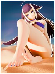 1girl 3d 3d_art 3d_render animal_ears barefoot beach bikini black_hair blue_bikini blue_sky blue_toenails breasts choker cleavage clothing cloud collar explicit feet female high_angle highres large_breasts monster_girl ocean orca_ears orca_girl orca_tail outdoors painted_toenails purple_eyes purple_hair sand sea shylily sitting sky sole solo swimsuit tail toes twitch visiuun vtuber water_reflection whale_tail white_hair