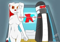 2spot_studio animate_inanimate anthro bandage bandaged_head bed black_clothing black_coat black_topwear bloody_bunny bloody_bunny_(series) boarded_window body_wraps clothed clothing cloud coat comic digital_media_(artwork) doll duo english_text eyewear female floating_hands floppy_ears fur furniture genitals glasses grey_body grey_skin hand_holding hank_j._wimbleton hat headgear headwear hi_res holding_melee_weapon holding_object holding_weapon kerchief lagomorph leporid living_doll madness_combat male male/female mammal mask melee_weapon multicolored_eyes nevadean_(madness_combat) nude otakon_(artist) pillow rabbit red_eyes red_inner_ear red_nose sky stitch_(sewing) sunglasses text toothy_smile topwear trenchcoat vulva weapon white_body white_fur wood wraps yellow_eyes