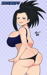 1girls absurdres artist_name ass ass_cleavage black_eyes black_hair blush breasts butt_crack come_hither female female_only highres huge_ass large_breasts licking_lips long_hair looking_at_viewer momo_yaoyorozu my_hero_academia nail_polish naughty_face naughty_smile panties panty_pull ponytail skindentation smile solo sports_bra thighs tongue tongue_out truewaifu underwear