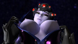 3d artist_request big_breasts breasts breasts_out disrobing earth erected_nipples female giantess macro macrophilia megagiantess nipples overwatch planet purple_skin render samnik73 smile solo solo_female space stripping widowmaker