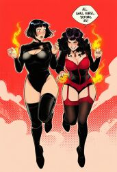 2girls ai_generated black_footwear black_hair black_leotard black_nails black_thighhighs blush bob_cut boots breasts choker cleavage cleavage_cutout clothing clothing_cutout corset curly_hair english_text female fingernails fire full_body garter_straps grin halftone_background highleg jewelry lace-trimmed_legwear lace_trim large_breasts leotard long_hair long_sleeves makeup multiple_girls nail_polish necklace nose_blush open_mouth panties pendant purple_hair pyrokinesis red_eyes red_panties short_hair smile speech_bubble thigh_boots thighhighs underwear wavy_hair yellow_eyes