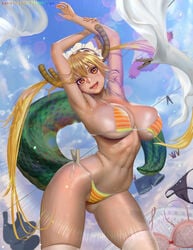 bangs bikini blonde_hair breasts dragon_girl dragon_horns dragon_tail eyebrows_visible_through_hair female female_only horns kobayashi-san_chi_no_maidragon large_breasts long_hair looking_at_viewer maid_headdress miss_kobayashi's_dragon_maid oerba_yun_fang open_mouth outstretched_arms red_eyes shiny shiny_hair slit_pupils smile solo swimsuit tail teemu_taiga tohru_(dragon_maid) tongue